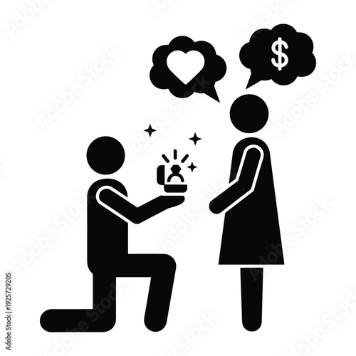 Pictogram showing a man proposing with love while the woman considers financial gain