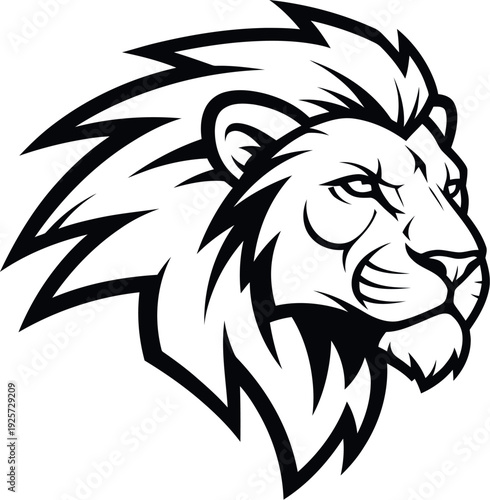 Powerful black and white stylized lion head mascot logo design featuring an aggressive side profile for sports teams or modern brand identity applications