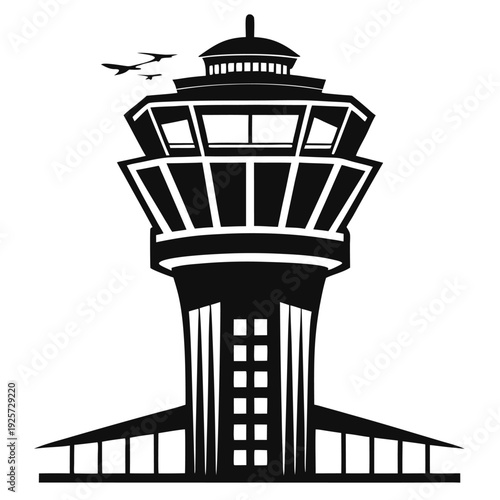 air traffic control tower silhouette line art vector illustration with a white background