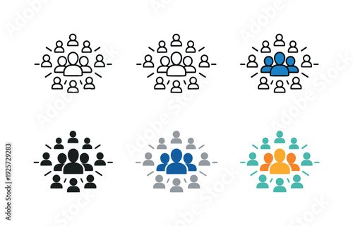 Follower growth concept icon portraying clustered human silhouettes spreading outward to represent increasing reach and