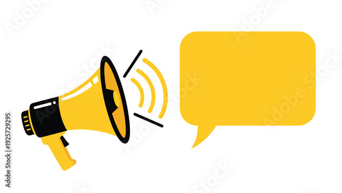 Yellow megaphone or bullhorn icon with sound waves and a blank yellow speech bubble for announcements and marketing on a white base.