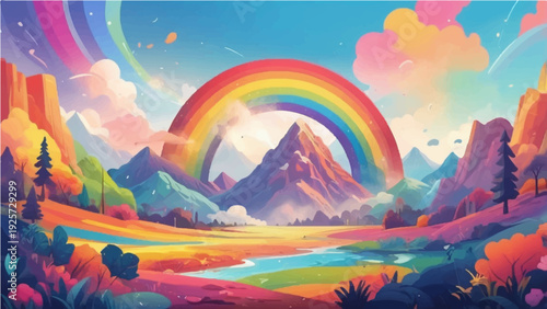 Beautiful nature illustration featuring a colorful rainbow over a green landscape with clouds, summer sun, and spring flowers under a blue sky vector wallpaper