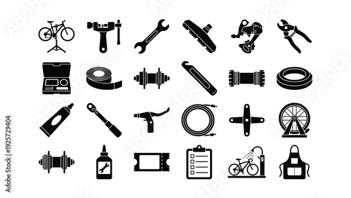 Black Bicycle Repair Tools Icons Set on White Background