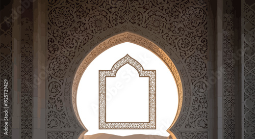 Intricate stone carving of an ornate geometric archway frames a bright opening suggesting the beautiful architecture of an islamic mosque or traditional middle eastern building structure.