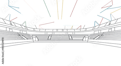 Minimalist line art illustration depicting the interior view of a large, empty indoor sports arena featuring a grey basketball court and surrounding tiered seating under a geometric roof structure.