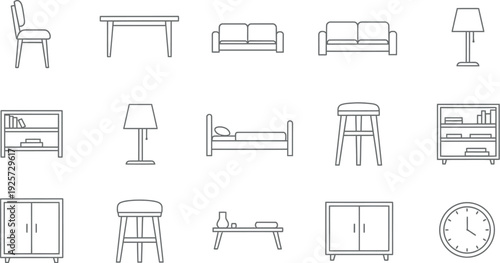 Collection of minimalist outline icons representing various essential household furniture items for interior design and home decor concepts