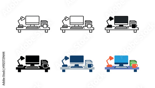 Corporate desk setup symbol showing a desk with computer, papers, and office items, representing organized business workspace,