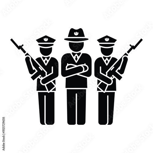 three figures representing a vip protected by two armed security guards in uniform