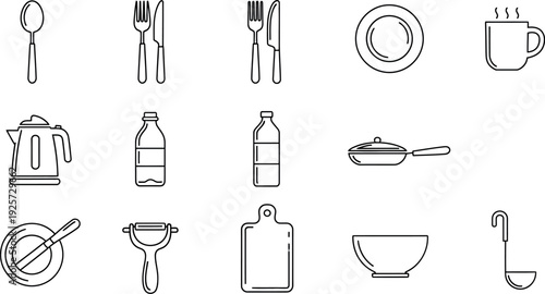Collection of essential kitchen and dining utensil outline icons representing various cookware and tableware items for cooking and serving food needs