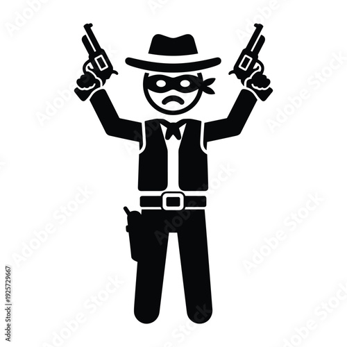 Black silhouette of wild west bandit holding guns wearing mask and hat illustration