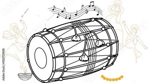 Outline drawing features a central dhol drum surrounded by lively dancers performing the energetic bhangra folk dance with musical notes suggesting vibrant celebration