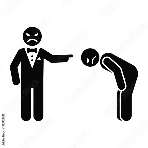 A black pictogram showing a furious boss scolding a worker who is bowing low