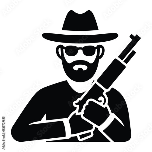Minimalist black silhouette of a bearded hunter or soldier holding a long rifle weapon