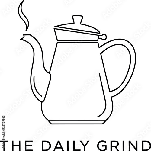 Minimalist black and white line art logo featuring a steaming coffee pot above the text the daily grind suitable for a cafe or beverage company branding identity.