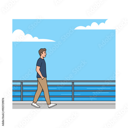 Casual man walking along seaside promenade with railing and blue water background. Concept of peaceful urban lifestyle