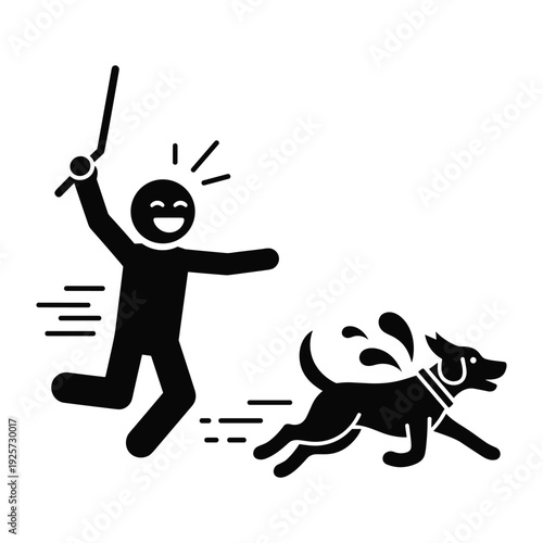 Black silhouette icon of a person fleeing from barking dog during an attack