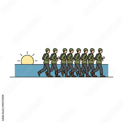 Soldiers jogging in formation at sunrise by waterfront. Concept of discipline and military training