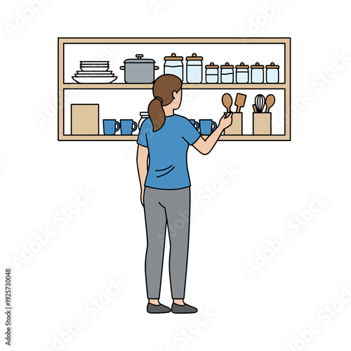 Woman choosing kitchen utensils from organized shelf with dishes and jars. Concept of home cooking and organization
