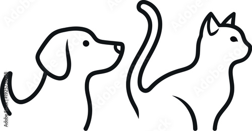 Simple minimalist line art illustration featuring a profile view of a happy dog alongside a graceful cat creating an appealing logo design element for pet care services