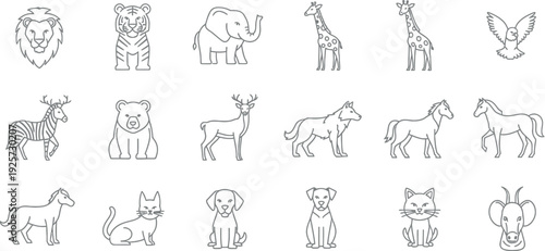 Collection of simple black and white outline icons depicting various popular domestic and wild animals perfect for educational or design projects needing recognizable forms.
