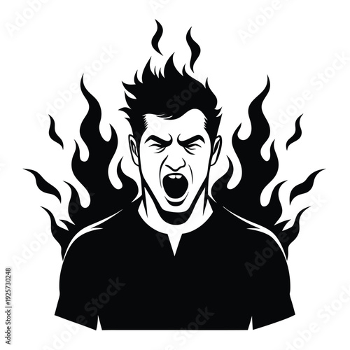 Cartoon Business Professional Overwhelmed by Flames and Smoke Illustrating Extreme Stress