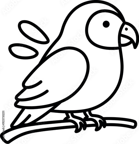 Simple black and white line art drawing depicting a cute cartoon parrot sitting calmly upon a small curved branch representing tropical avian wildlife illustration for design.