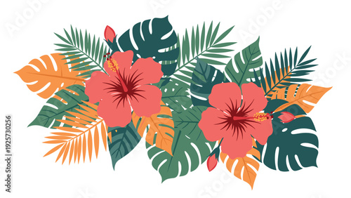 Lush tropical floral arrangement featuring coral pink hibiscus flowers nestled among various green and orange palm and monstera leaves.