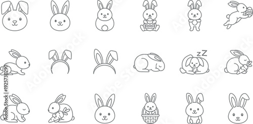 Collection of cute black and white line art icons featuring various adorable bunny poses for easter holiday design projects and children's illustrations