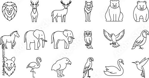 Collection of eighteen distinct black line art icons depicting various wild and domestic animals suitable for educational nature or zoo related design projects