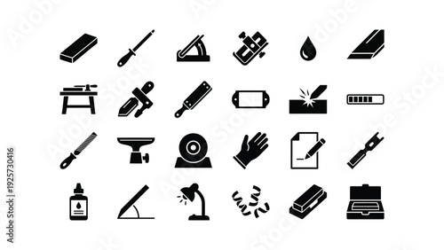 Black Office and Craft Tools Icons Set Isolated on White Background
