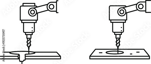 Industrial robot arm with drill performing drilling operation on metal sheet and workpiece with precise hole creation, illustrating automated manufacturing processes