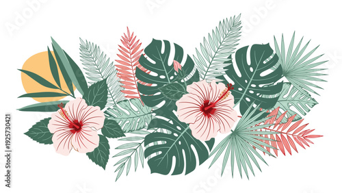 Vibrant tropical composition with pink hibiscus flowers and an assortment of green and pink palm leaves against a soft sun icon.