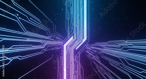 Abstract digital network circuit board glowing blue and purple light streams.