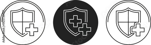 Set of three vector icons representing security and health, featuring a shield with a plus sign and cross symbol for healthcare and protection themes