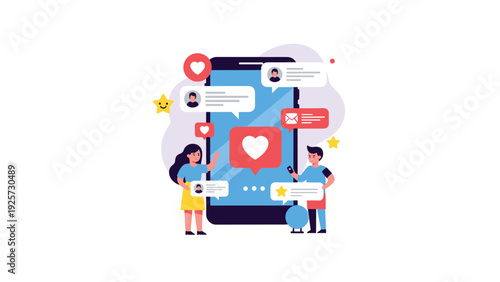 Creative social media marketing illustration showing a giant smartphone with notification bubbles and tiny people interacting.
