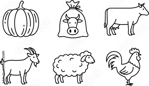 Collection of Farm Animal Icons, including a Pumpkin, Feed Bag, Cow, Goat, Sheep, and Rooster, perfect for agricultural and countryside themes