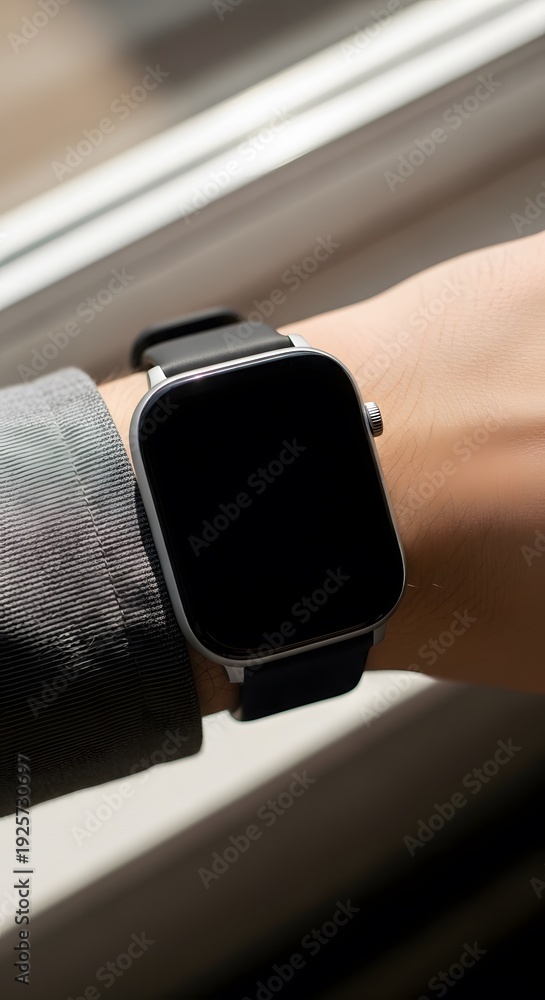 Fototapeta premium A person's hand wearing a black square smartwatch against a blurred background of a window