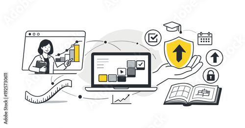 Modern minimal flat vector conceptual collage, crisp hard edges, consistent THIN outline stroke, rounded corners where needed,