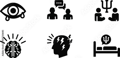 Icons representing mental health and emotional well-being, including crying eyes, counseling sessions, brain activity, stress, and therapy