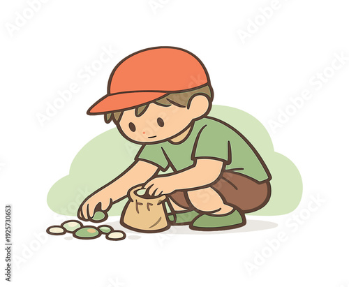 Fresh child collects smooth stones into a small pouch, crouching near ground as pebbles gleam and hands move slowly. | collecting