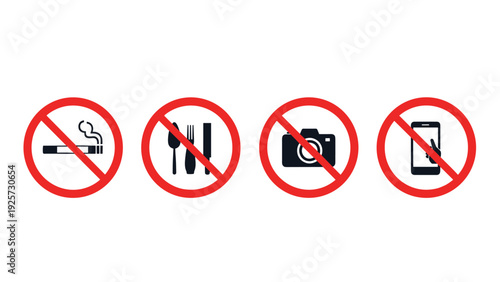 Set of four red circular prohibition signs indicating no smoking no food or drink no photography and no mobile phones.