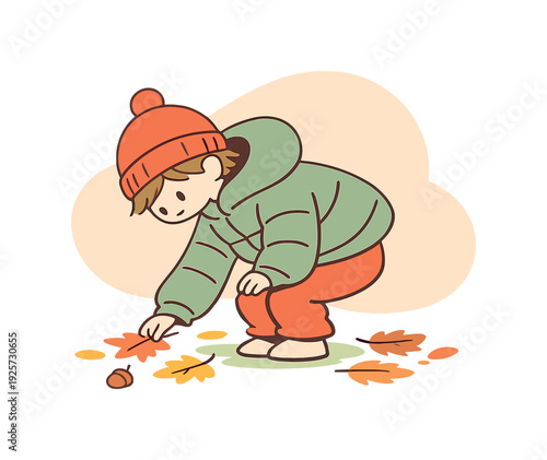 Sunny child bends to pick autumn leaves one by one, jacket sleeves long, warm air still, colors spread around feet. | collecting