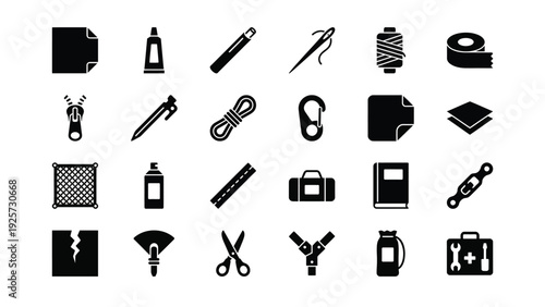Black Office and Medical Icons Set on White Background