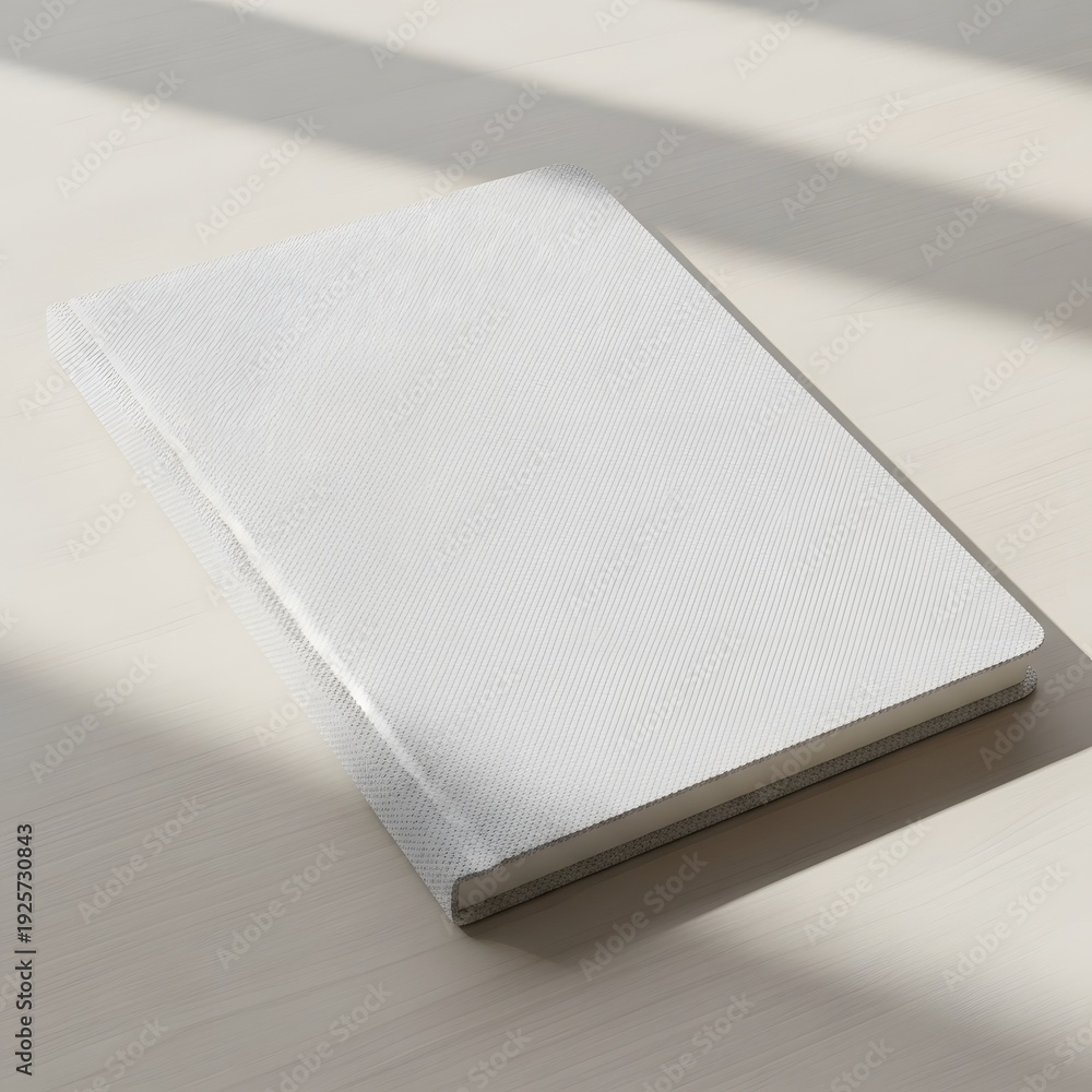 Fototapeta premium Image of a blank white notebook on the table with soft shadow, perfect for design element 