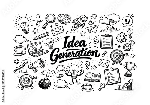 Idea generation illustration, hand drawn doodle elements set, center hand-lettered title, black & white vector line art, bold