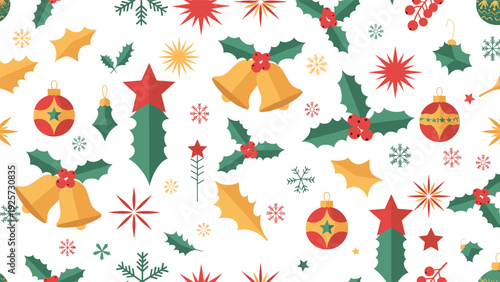 Festive seamless Christmas pattern featuring golden bells green holly leaves red berries snowflakes and ornaments on white.