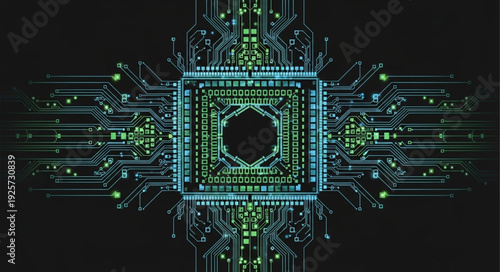 Abstract digital circuit board with glowing lights and connections.