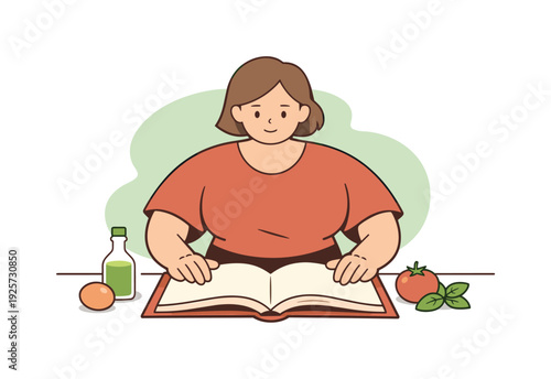 Fresh person opens a recipe book on a table, pages spreading wide as fingers pause and ingredients rest nearby. | recipe book,