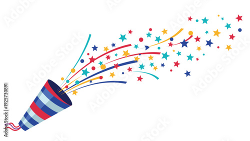 Colorful party popper shooting out a burst of vibrant stars and confetti streams against a clean white background.