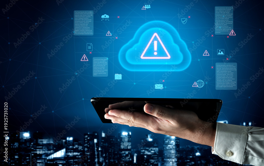 Naklejka premium Cloud computing with alert icons and security elements, representing real-time threat detection, risk prevention, and digital infrastructure protection Parse